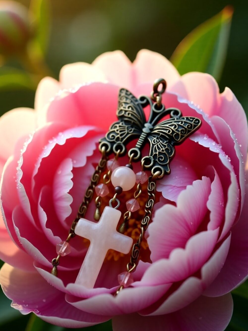 Oh So Girlie! Feminine Butterfly & Pink RoseQuartz Cross Cluster Pendant - OOAK!